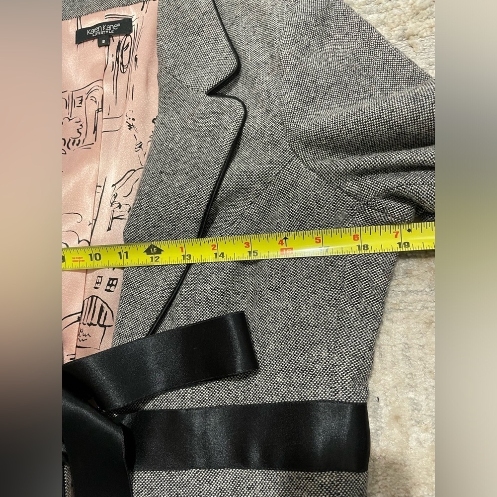 Karen Kane Wool Gray Black Piping & Ribbon Tie Suit Jacket Size 8 Pants Size 12 - Picture 10 of 16